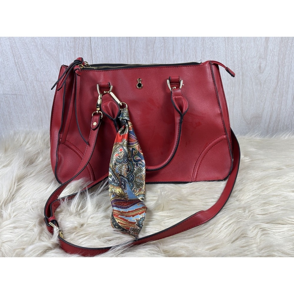 London Fog Sophia Satchel Red Faux Leather Scarf‎ Triple Compartment Handbag